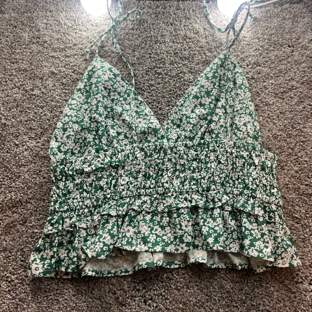 green flower tank top with tie strings
